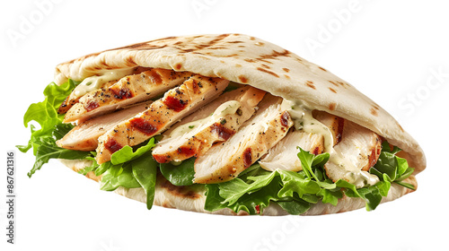 A neatly arranged chicken pita pocket stuffed with fresh greens, grilled chicken slices, and a drizzle of creamy tahini sauce, on a transparent background