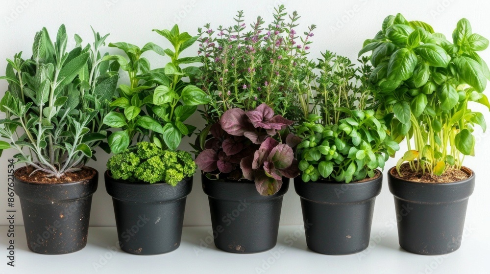 A Row of Fresh Herbs in Black Pots on a White Countertop. Generative AI A Row of Fresh Herbs in Black Pots on a White Countertop. Generative AI
