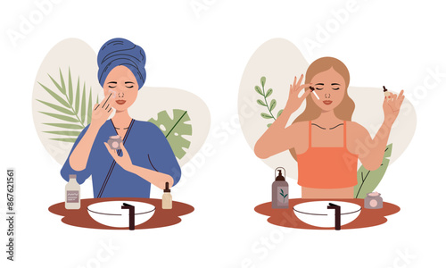 Women enjoy skin care routine at home illustration