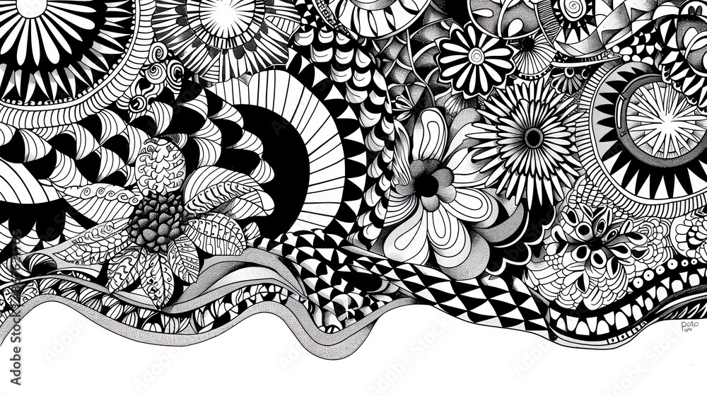 Fototapeta premium Zentangle line art, relaxation and creativity, intricate black and white design, detailed patterns, calming artwork. copy space for text,