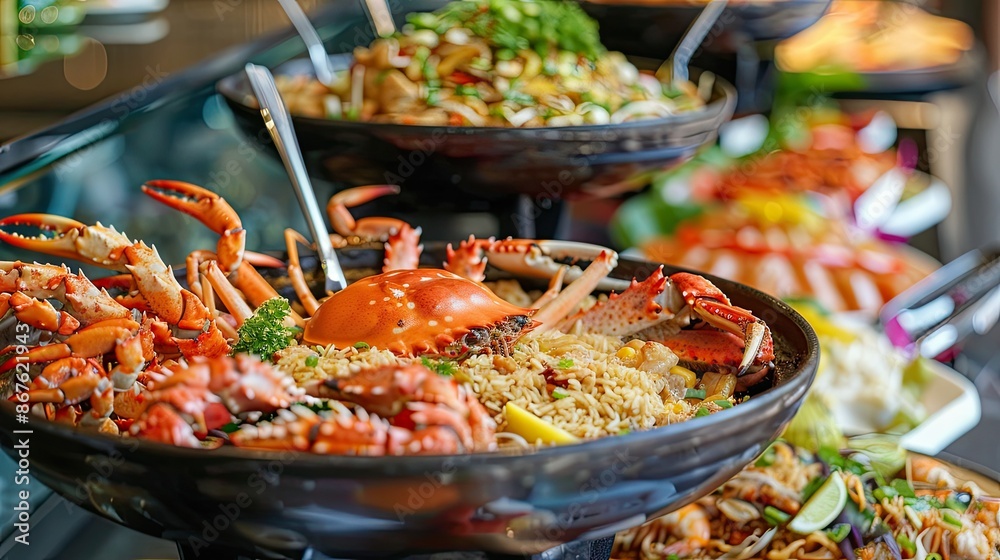 Thai-style buffet presentation with Crab Fried Rice and assorted seafood dishes, appealing for food enthusiasts Thai-style buffet presentation with Crab Fried Rice and assorted seafood dishes, appealing for food enthusiasts