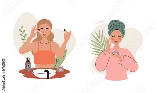 Women enjoy skin care routine at home illustration