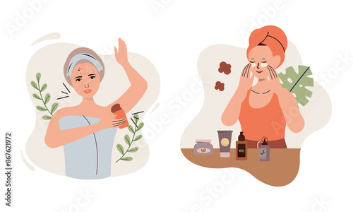 Women enjoy skin care routine at home illustration