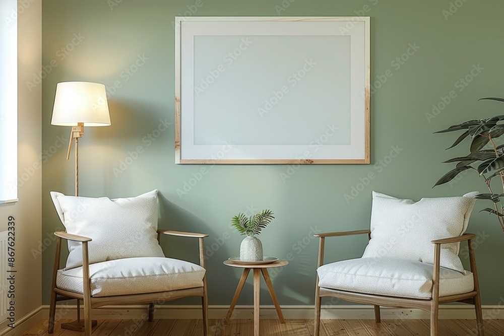 White Frame on Sage Green Wall, Soft Lighting, Cozy Corner White Frame on Sage Green Wall, Soft Lighting, Cozy Corner