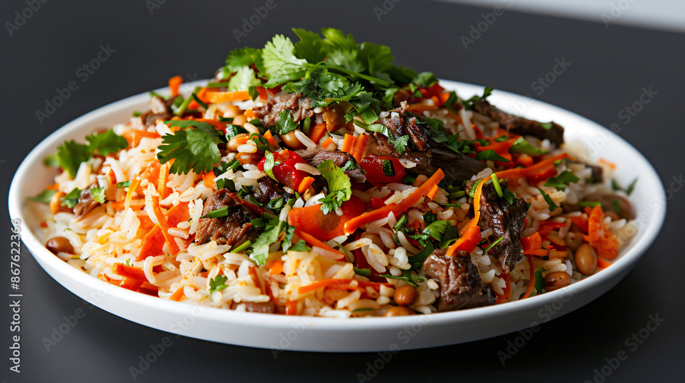 Delicious plate of uzbek plov, a traditional rice dish Delicious plate of uzbek plov, a traditional rice dish
