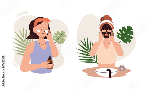 Women enjoy skin care routine at home illustration