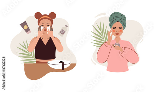 Women enjoy skin care routine at home illustration