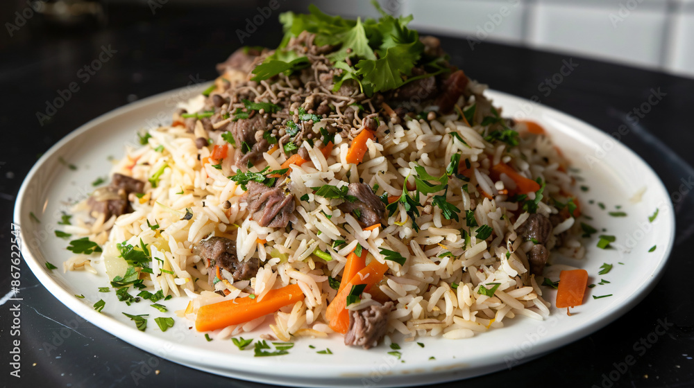Savory and delectable uzbek plov, a classic rice dish featuring succulent beef, fragrant spices, and vibrant herbs Savory and delectable uzbek plov, a classic rice dish featuring succulent beef, fragrant spices, and vibrant herbs