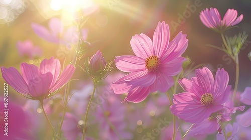 Vibrant pink Cosmos flowers swaying gracefully in a garden breeze, offering a serene natural backdrop