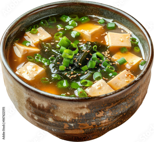 Close-up of a traditional miso soup with tofu cubes, green onions, and seaweed in a rustic bowl.