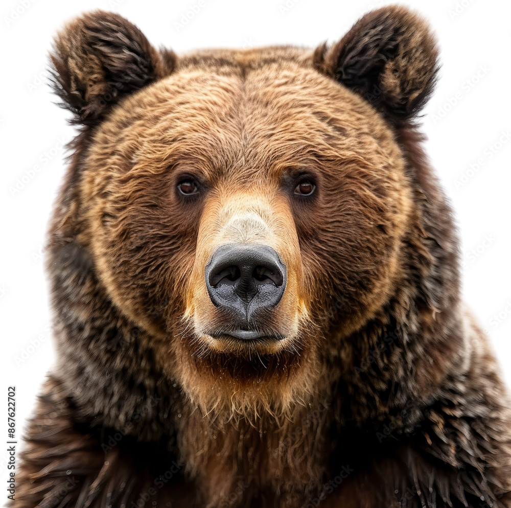 Close-up portrait of a majestic brown bear with detailed fur and intense gaze isolated on a white background. Close-up portrait of a majestic brown bear with detailed fur and intense gaze isolated on a white background.
