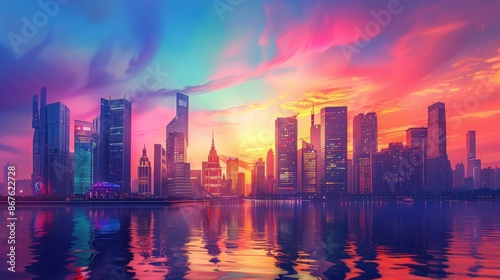 Vibrant city skyline at sunset with stunning reflections in the water, featuring modern skyscrapers and colorful skies.
