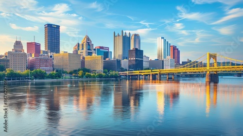 Beautiful skyline of Pittsburgh with skyscrapers and bridges reflecting on the calm water under a blue sky with scattered clouds.