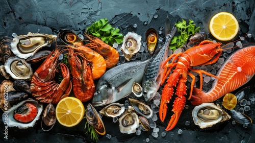 Vibrant seafood assortment featuring fish, crustaceans, oysters, and mussels on black stone