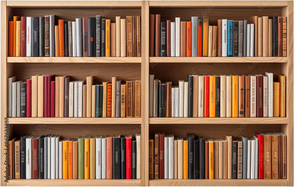 Wooden bookshelves filled with colorful books arranged neatly, creating a vibrant and organized home library or office space. Wooden bookshelves filled with colorful books arranged neatly, creating a vibrant and organized home library or office space.