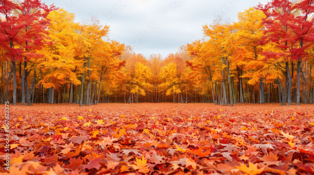 The image shows a beautiful autumn forest with fallen leaves The image shows a beautiful autumn forest with fallen leaves