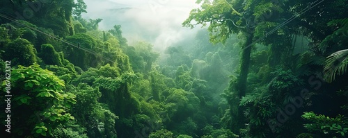 A group of friends embarking on an exciting zip-lining adventure through a dense forest canopy, with breathtaking views below.