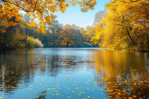 The image is of a lake in the fall