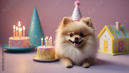 Cute smiling dog with hat and birthday cake. photo