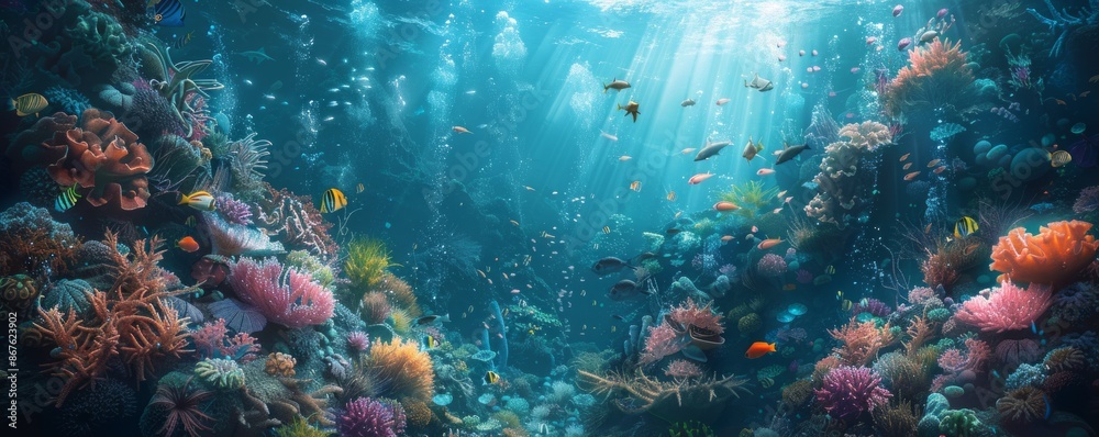 Fototapeta premium An artist creating a surrealist digital artwork depicting a whimsical underwater world inhabited by fantastical creatures.