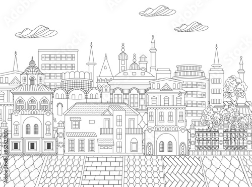 colouring book page for adults and children. cloudy scenery euro