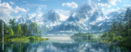 Alpine lake nestled among snow-capped peaks, crystal-clear waters, mirrored reflections, mountain tranquility.