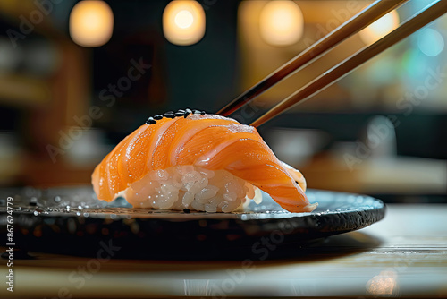 Sushi plate on table with hand holding shopsticks picking one piece, kitchen background. photo