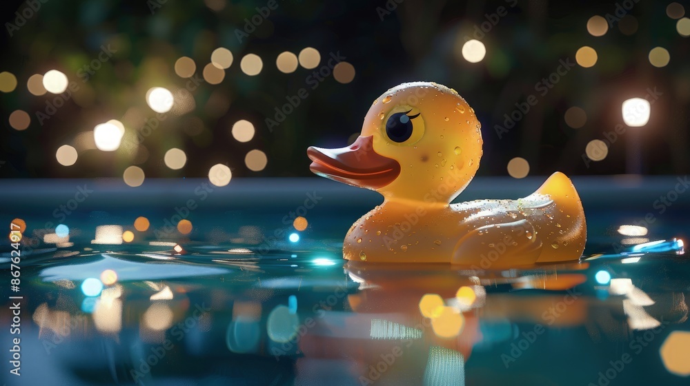 A radiant amber plastic duck floating in a pool at night, surrounded by shimmering pool lights. A radiant amber plastic duck floating in a pool at night, surrounded by shimmering pool lights.