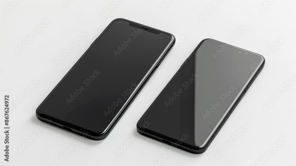 A close-up image of two black smartphones lying flat on a white surface, with their screens off A close-up image of two black smartphones lying flat on a white surface, with their screens off
