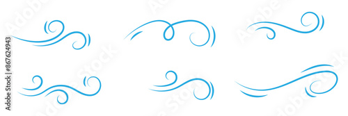 Doodle air wind motions, windy storm blows and hurricane flow waves and curls, vector icons. Wind cartoon effects in doodle line art, autumn wind blowing in speed motion.