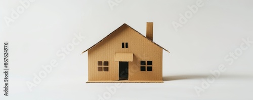 Cardboard house model on white background, architectural concept