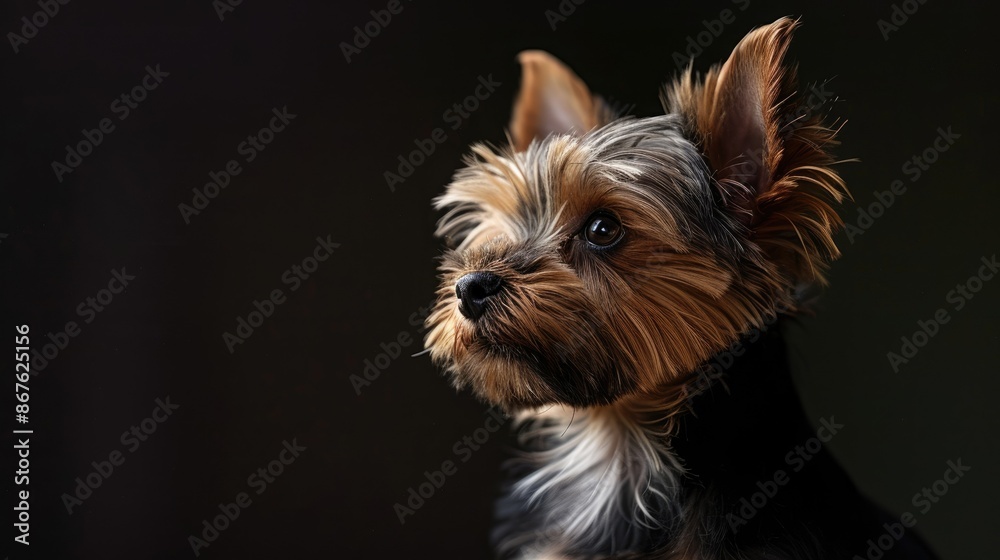 Yorkshire Terrier (Yorkie) puppy sitting alertly, with a curious gaze Yorkshire Terrier (Yorkie) puppy sitting alertly, with a curious gaze