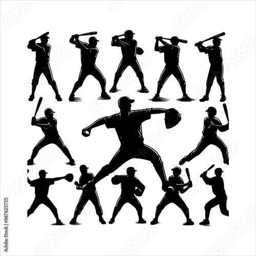 Baseball Player silhouette vector. Baseball Pitcher, Batter, Ball and Typescript. Baseball player calling shoot with a white background photo