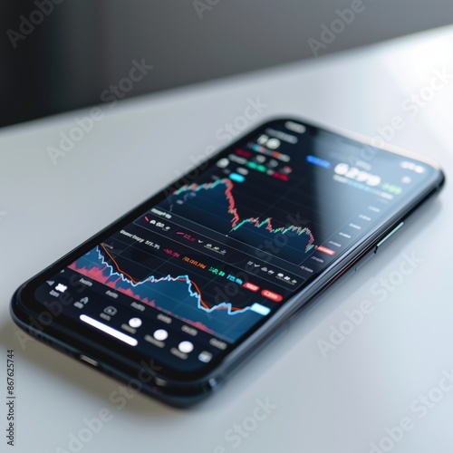 Trading app open on a smartphone with stock charts. Bright light. White background. 