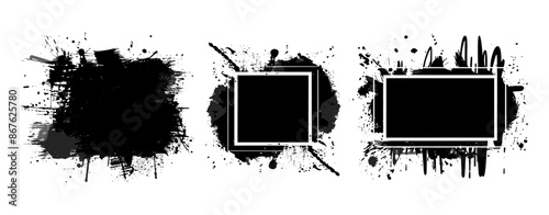 Set of black paint, ink brush strokes, brushes, lines. Black grunge with frame, dirty artistic design elements, boxes, frames for text, black splashes isolated on white background. Vector set, grunge 