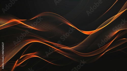 Dark technology background with wavy orange and white lines, black texture color design illustration, digital motion modern orange wallpaper template, abstract wave curves for futuristic and tech-them
