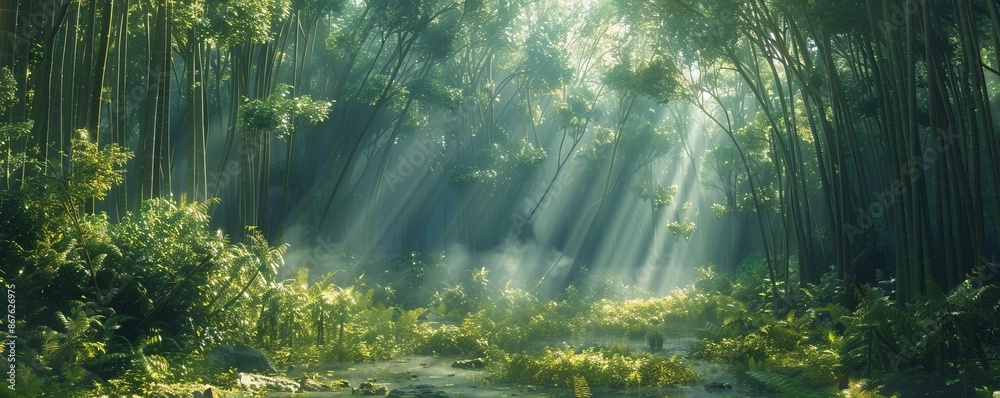 Obraz premium A tranquil bamboo forest with sunlight filtering through the dense canopy, casting dappled shadows on the forest floor.