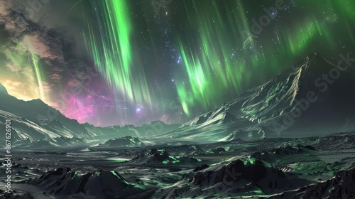 A mesmerizing aurora borealis on an alien planet., image of galaxy universe space beautiful like magic in dream.