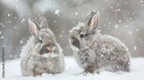Fluffy gray bunnies against snowy white backdrop photo