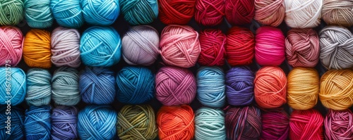 Colorful yarn balls in rows, vibrant and assorted shades