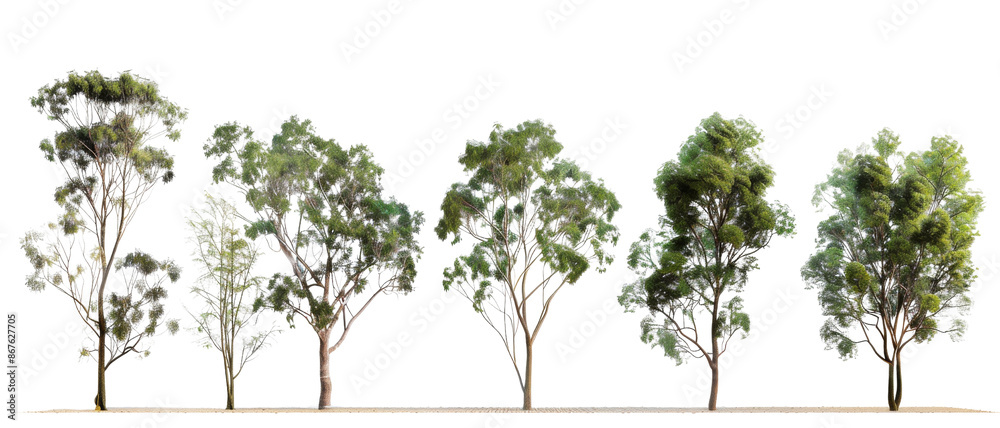 A row of various eucalyptus trees against a white background, showcasing different heights, shapes, and foliage types. A row of various eucalyptus trees against a white background, showcasing different heights, shapes, and foliage types.
