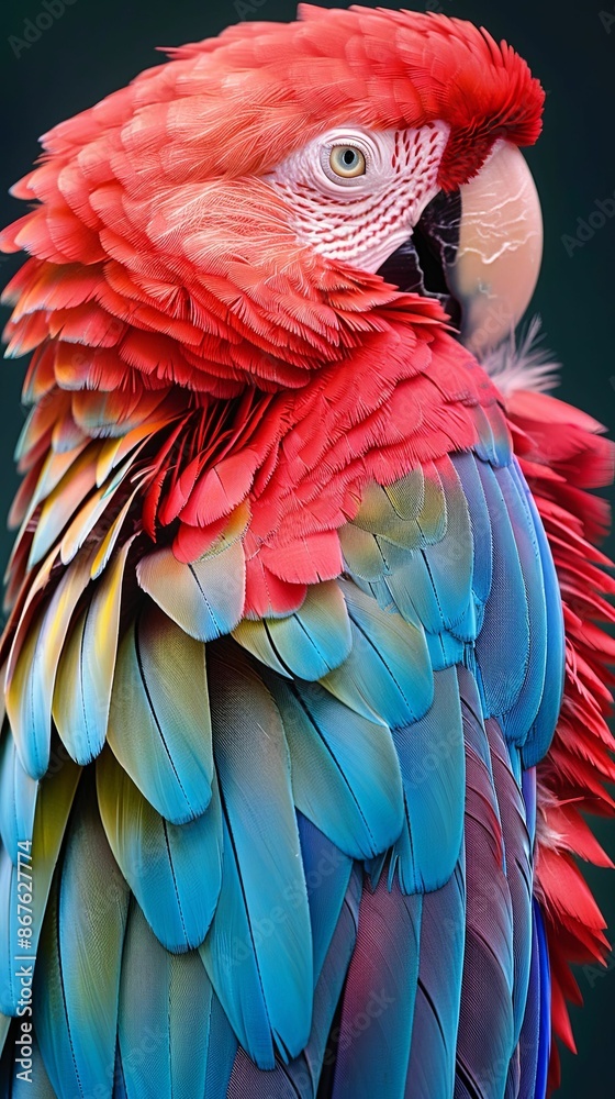 Obraz premium A colorful scarlet macaw parrot basks in the golden light.