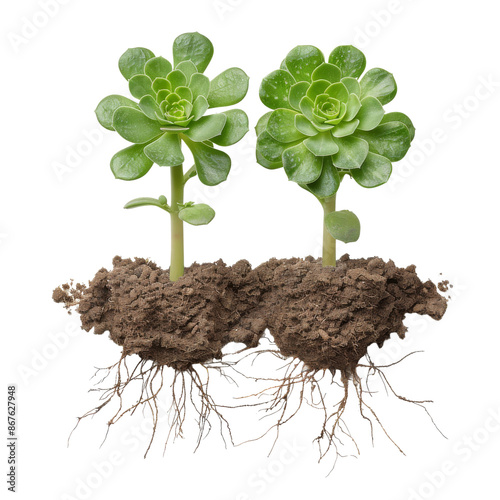 Two small succulent plants with thick green leaves and visible roots embedded in soil against a white background.