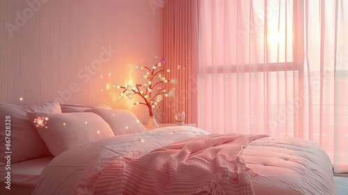A serene bedroom setting in pastel pink with a large king-sized bed, next to a bedside table holding a whimsical tree-shaped lamp with miniature flower bulbs. photo
