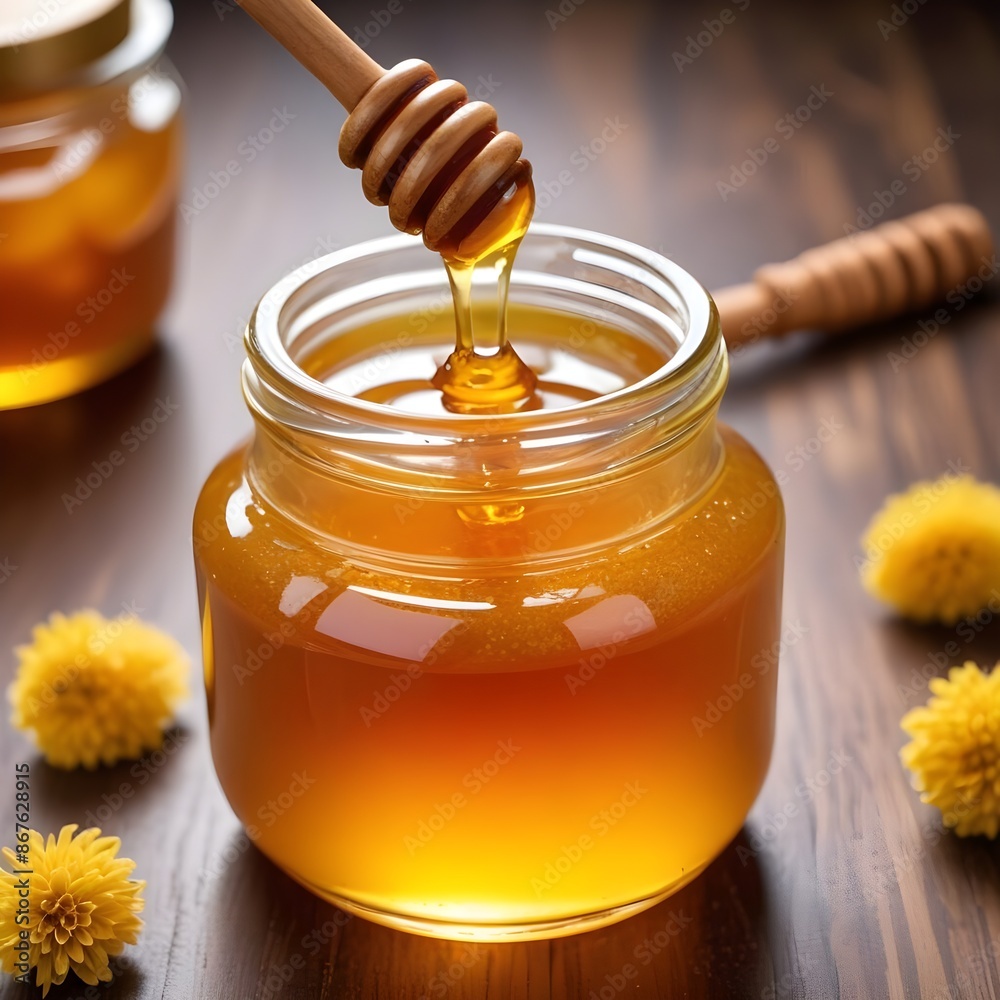 A glass jar filled with golden honey, with a wooden honey dipper inserted into the jar