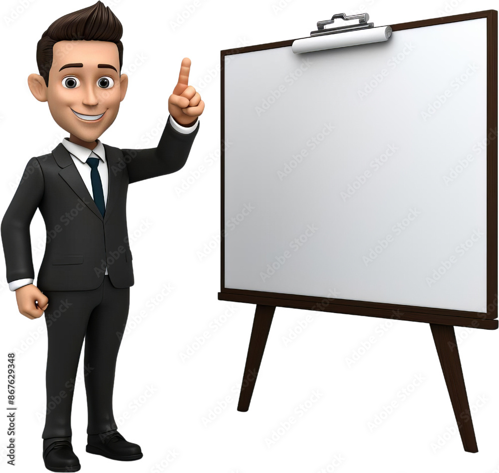 Animated businessman pointing at a blank whiteboard, perfect for presentations or educational content. Animated businessman pointing at a blank whiteboard, perfect for presentations or educational content.