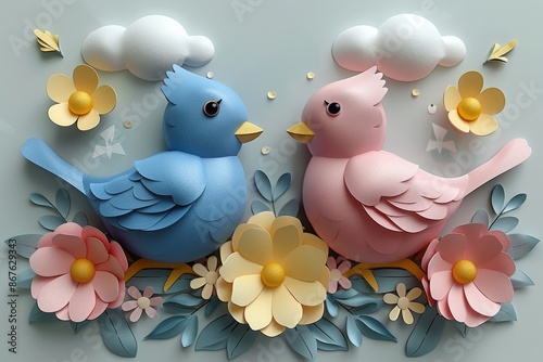 3D pink background with trees, clouds and birds in the style of a children's book illustration, simple cut paper shapes, 