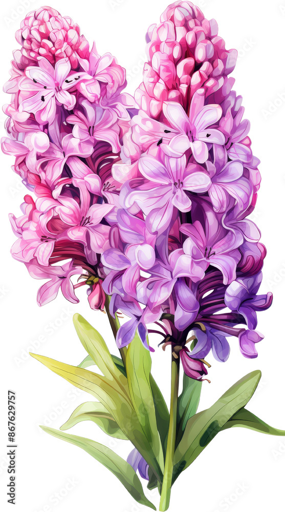 A vibrant bouquet of pink and purple hyacinths, with delicate petals and lush green leaves. A vibrant bouquet of pink and purple hyacinths, with delicate petals and lush green leaves.