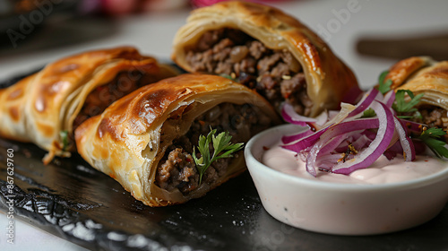 Samsa and sambousak meat pies served with yogurt sauce and red onion on a black platter photo