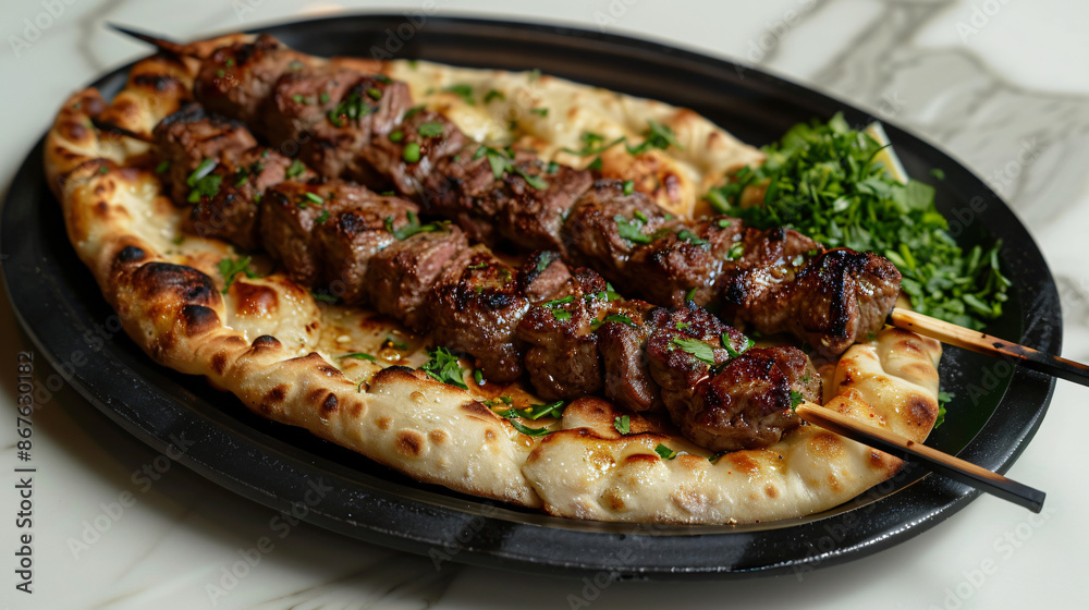 Tasty grilled meat skewers served on a flatbread with fresh herbs and flavorful spices Tasty grilled meat skewers served on a flatbread with fresh herbs and flavorful spices